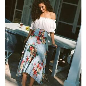 Anthropologie Maeve Blue Striped Floral Tiered Ruffle Trim Midi Skirt XS